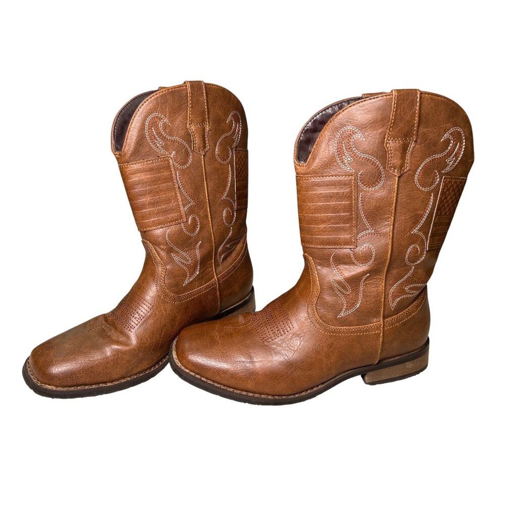 IUV Cowboy Boots Brown Men's Sz 8 American Flag Pull-On Mid Calf Western Farmer